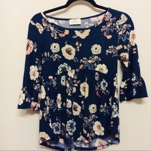 Blue Floral Bell Sleeved Top